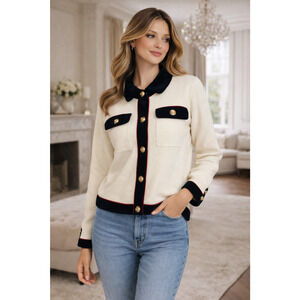 Maje Ecru Contrast Knit Jacket Velvet Trim Gold Buttons Blazer Size 2 M